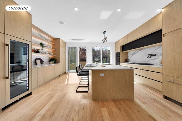 Dining room, Interior, Kitchen, Marble Walls, Pendant Lights, Recessed Lighting, Wood Texture Flooring
