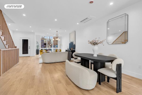 Dining room, Interior, Living room, Pendant Lights, Recessed Lighting, Wood Texture Flooring