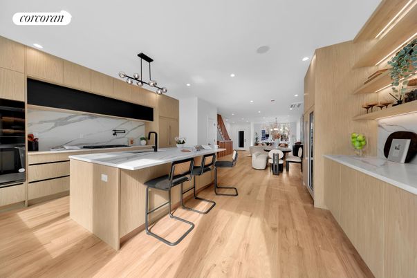Dining room, Interior, Kitchen, Marble Walls, Pendant Lights, Recessed Lighting, Wood Texture Flooring