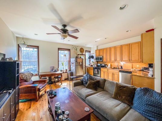 Dining room, Interior, Kitchen, Living room, Recessed Lighting, Stainless Steel Appliances, Wood Texture Flooring