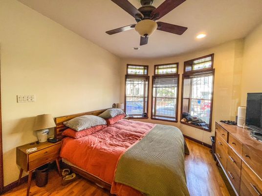 Bedroom, Interior, Recessed Lighting, Wood Texture Flooring