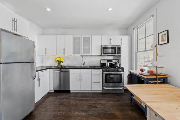 Interior, Kitchen, Recessed Lighting, Stainless Steel Appliances, Wood Texture Flooring
