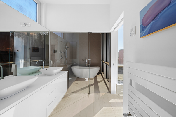 Bathroom, Dual Sink Vanities, Free Standing Baths, Glass Shower, Interior