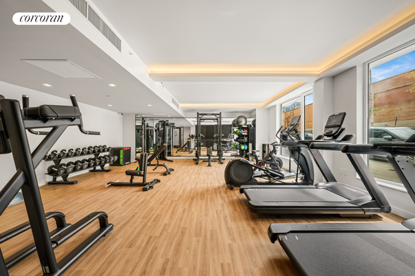 Fitness Equipment, Gym, Interior, Recessed Lighting, Wood Texture Flooring