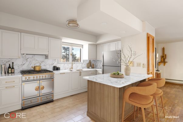 Interior, Kitchen, Marble Walls, Recessed Lighting, Stainless Steel Appliances, Wood Texture Flooring