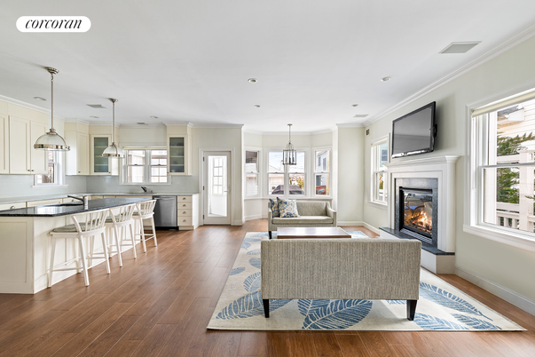 Fireplace, Interior, Kitchen, Living room, Pendant Lights, Recessed Lighting, Wood Texture Flooring