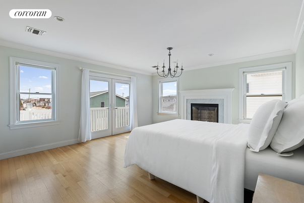 Bedroom, Fireplace, Interior, Recessed Lighting, Wood Texture Flooring