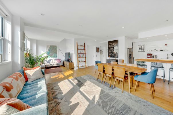 Dining room, Interior, Living room, Recessed Lighting, Wood Texture Flooring
