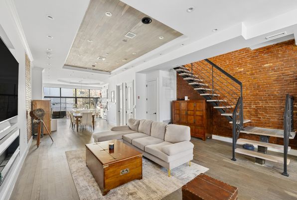 Dining room, Interior, Living room, Recessed Lighting, Stone Walls, Wooden Ceilings, Wood Texture Flooring