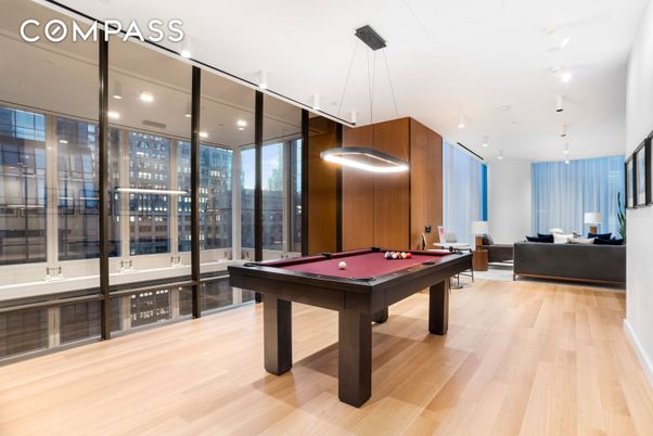 Billiard Table, Game Room, Interior, Living room, Pendant Lights, Recessed Lighting, Wood Texture Flooring