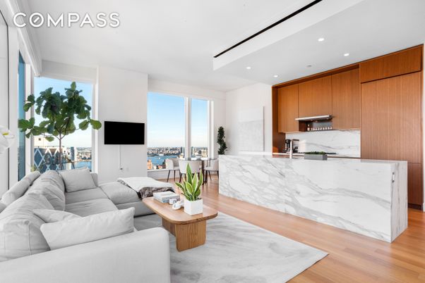 Interior, Kitchen, Living room, Marble Walls, Recessed Lighting, Wood Texture Flooring