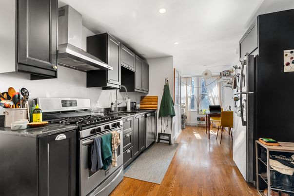 Dining room, Interior, Kitchen, Recessed Lighting, Stainless Steel Appliances, Wood Texture Flooring