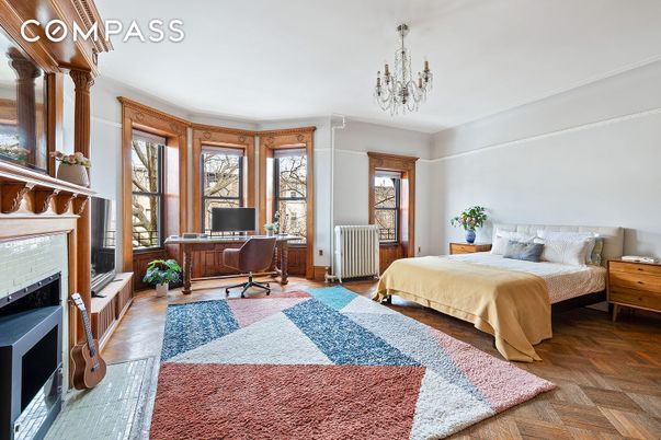 Bedroom, Chandelier, Home Office, Interior, Wood Texture Flooring