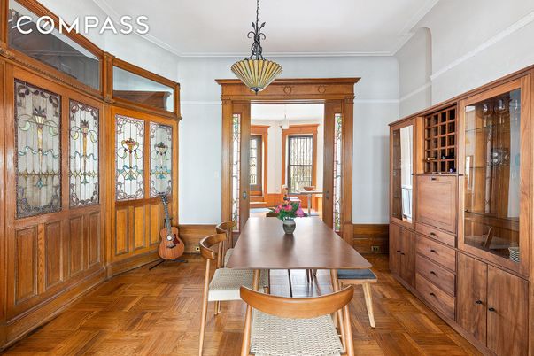 Dining room, Interior, Pendant Lights, Wood Texture Flooring