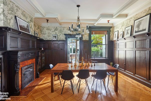 Chandelier, Dining room, Fireplace, Interior, Wood Texture Flooring
