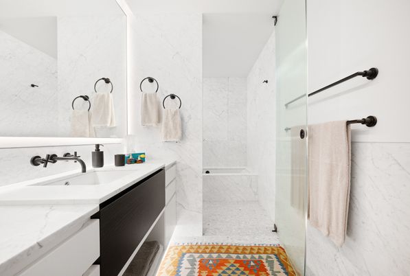 Bathroom, Glass Shower, Interior, Marble Walls