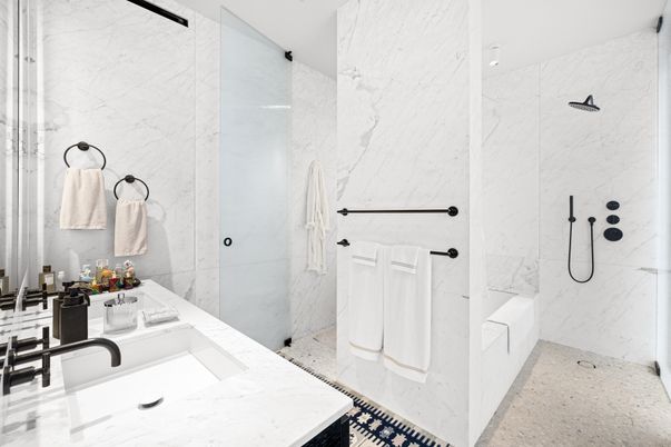 Bathroom, Glass Shower, Interior, Marble Walls