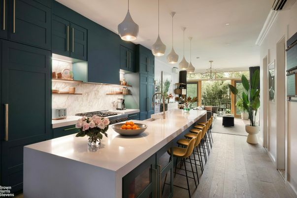 Interior, Kitchen, Marble Walls, Pendant Lights, Recessed Lighting, Stainless Steel Appliances, Wood Texture Flooring