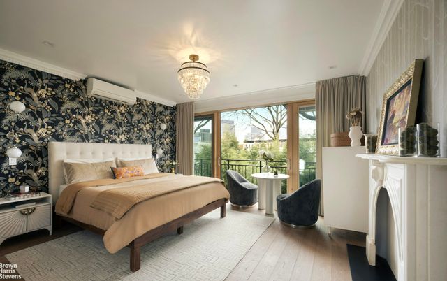 Bedroom, Chandelier, Fireplace, Interior, Wood Texture Flooring