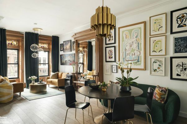 Dining room, Interior, Living room, Pendant Lights, Wood Texture Flooring