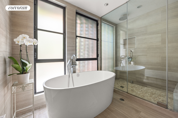 Bathroom, Free Standing Baths, Glass Shower, Interior, Recessed Lighting, Wood Texture Flooring