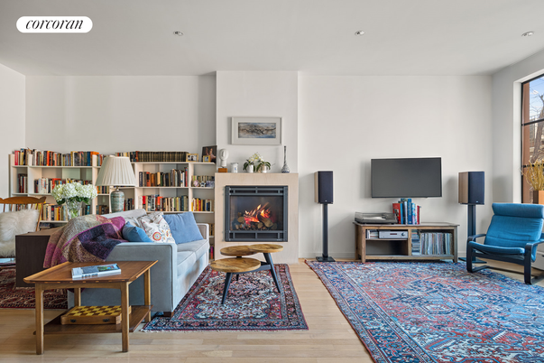 Fireplace, Interior, Living room, Recessed Lighting, Wood Texture Flooring