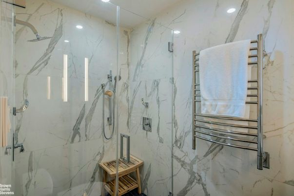 Bathroom, Glass Shower, Interior, Marble Walls, Recessed Lighting