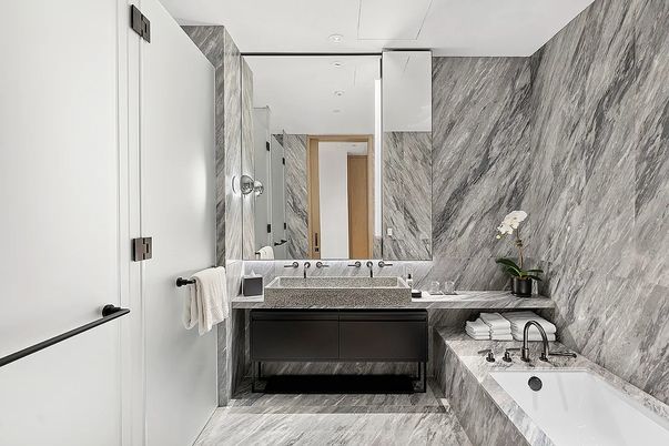 Bathroom, Dual Sink Vanities, Interior, Marble, Marble Walls, Recessed Lighting