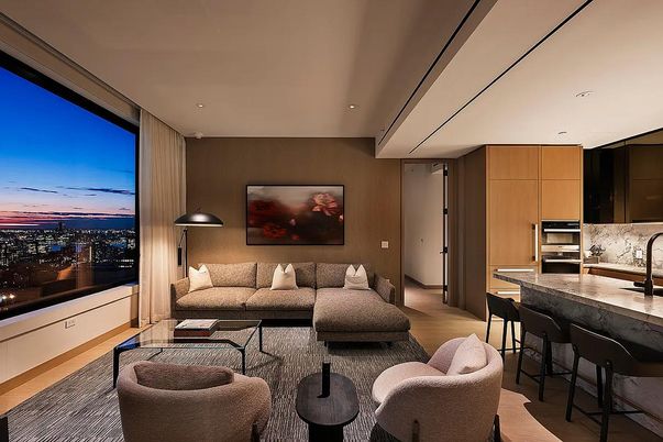 Interior, Kitchen, Living room, Recessed Lighting, Stainless Steel Appliances, Wood Texture Flooring