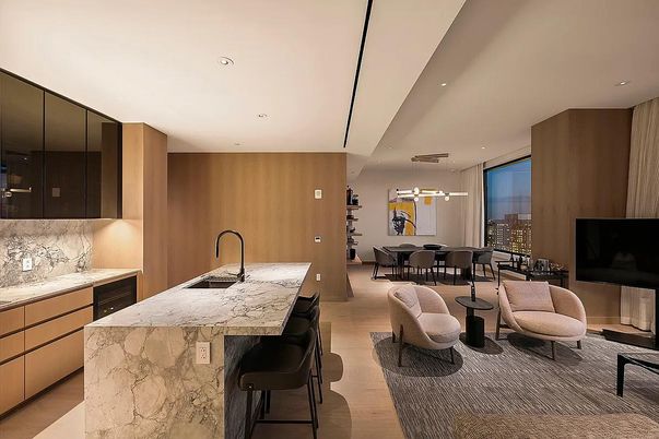 Dining room, Interior, Kitchen, Marble Walls, Pendant Lights, Recessed Lighting, Wood Texture Flooring