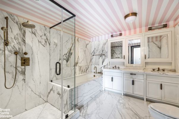 Bathroom, Dual Sink Vanities, Glass Shower, Interior, Marble, Marble Walls