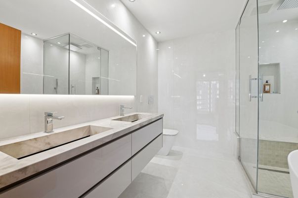 Bathroom, Dual Sink Vanities, Glass Shower, Interior, Recessed Lighting