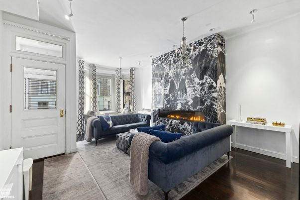 Fireplace, Interior, Living room, Pendant Lights, Wood Texture Flooring