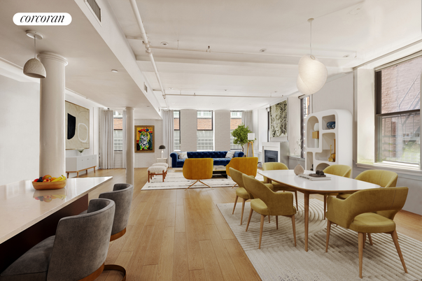 Dining room, Fireplace, Interior, Living room, Pendant Lights, Wood Texture Flooring
