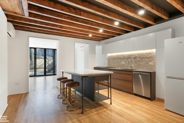 Interior, Kitchen, Recessed Lighting, Stainless Steel Appliances, Wooden Beams, Wood Texture Flooring