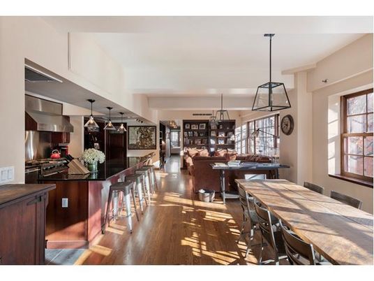 Dining room, Interior, Kitchen, Living room, Pendant Lights, Stainless Steel Appliances, Wood Texture Flooring