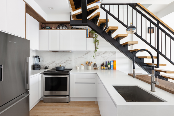 Interior, Kitchen, Marble Walls, Pendant Lights, Stainless Steel Appliances, Wood Texture Flooring