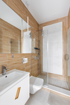 Bathroom, Glass Shower, Interior, Wooden Walls