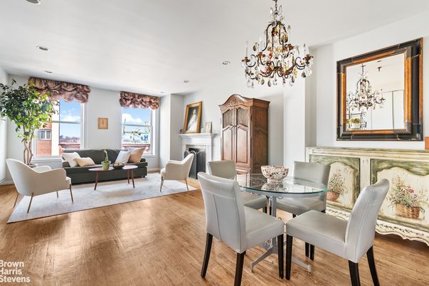 Chandelier, Dining room, Fireplace, Interior, Living room, Recessed Lighting, Wood Texture Flooring