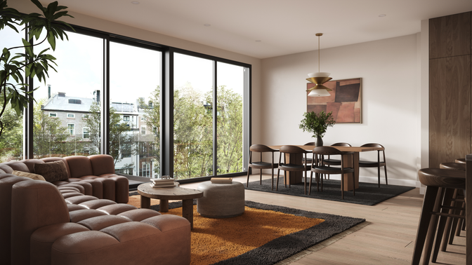 Dining room, Interior, Living room, Pendant Lights, Recessed Lighting, Wood Texture Flooring