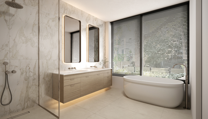 Bathroom, Free Standing Baths, Glass Shower, Interior, Marble Walls