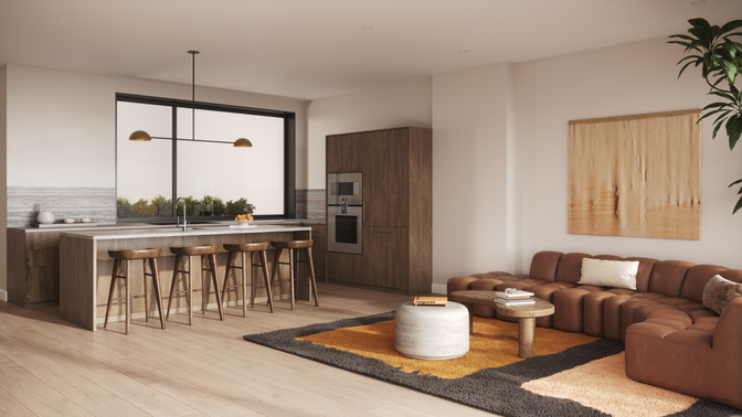 Interior, Kitchen, Living room, Pendant Lights, Recessed Lighting, Stainless Steel Appliances, Wood Texture Flooring