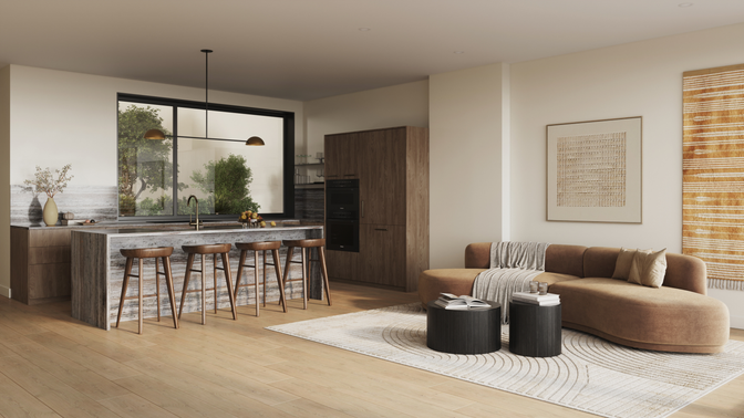Interior, Kitchen, Living room, Pendant Lights, Recessed Lighting, Wood Texture Flooring