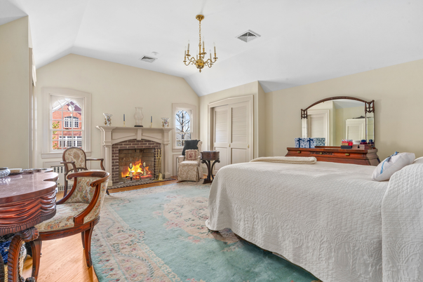 Bedroom, Chandelier, Fireplace, Interior