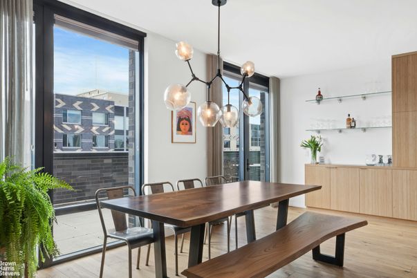 Dining room, Interior, Pendant Lights, Wood Texture Flooring