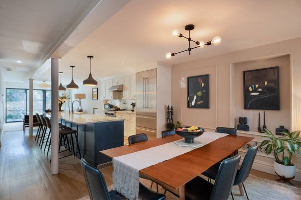 Dining room, Interior, Kitchen, Pendant Lights, Recessed Lighting, Stainless Steel Appliances, Wood Texture Flooring