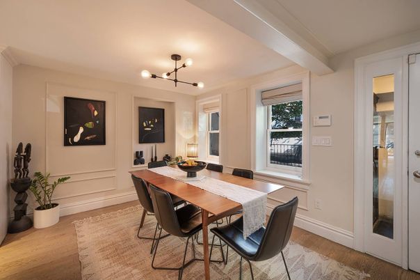 Dining room, Interior, Pendant Lights, Wood Texture Flooring