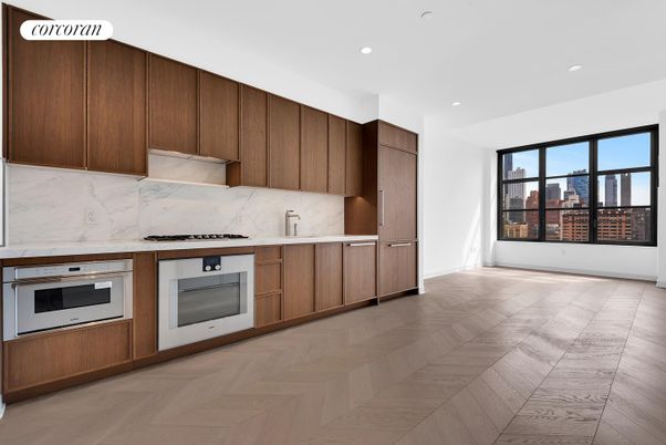 Interior, Kitchen, Marble Walls, Recessed Lighting, Stainless Steel Appliances, Wood Texture Flooring