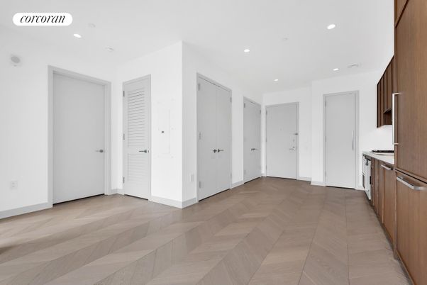 Empty room, Interior, Kitchen, Recessed Lighting, Wood Texture Flooring