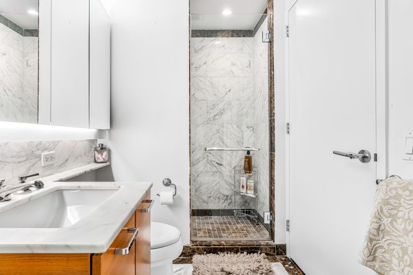 Bathroom, Glass Shower, Interior, Marble, Marble Walls, Recessed Lighting